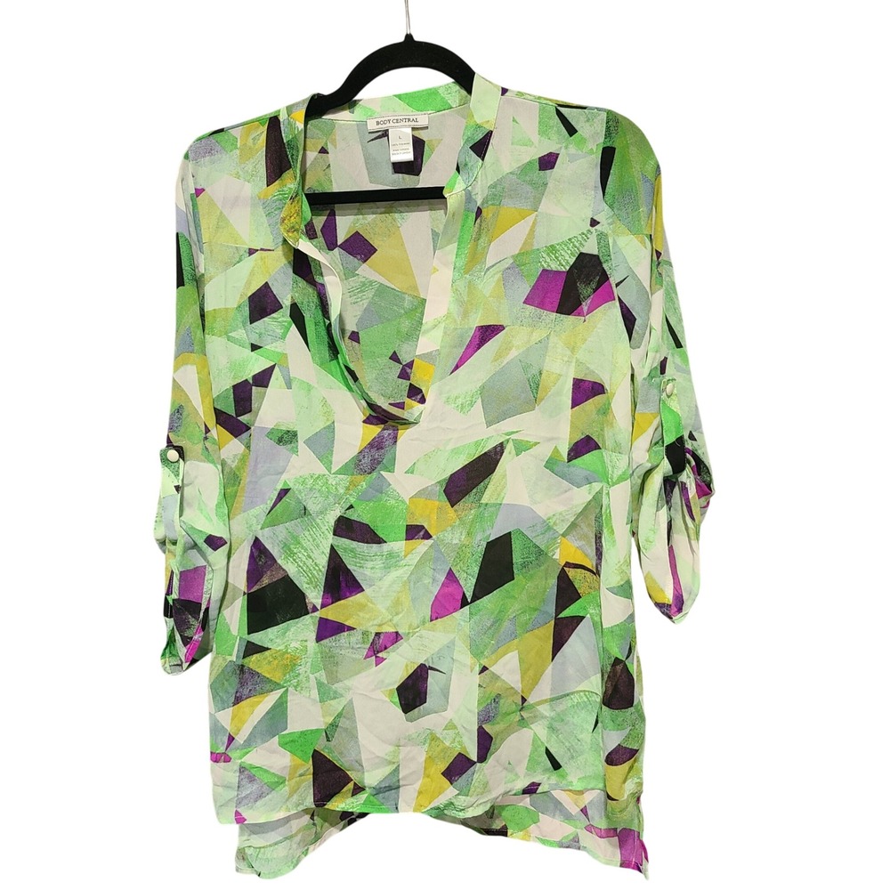 Body Central Womens Large Green Purple Geometric Abstract V-Neck Roll Tab Tunic‎